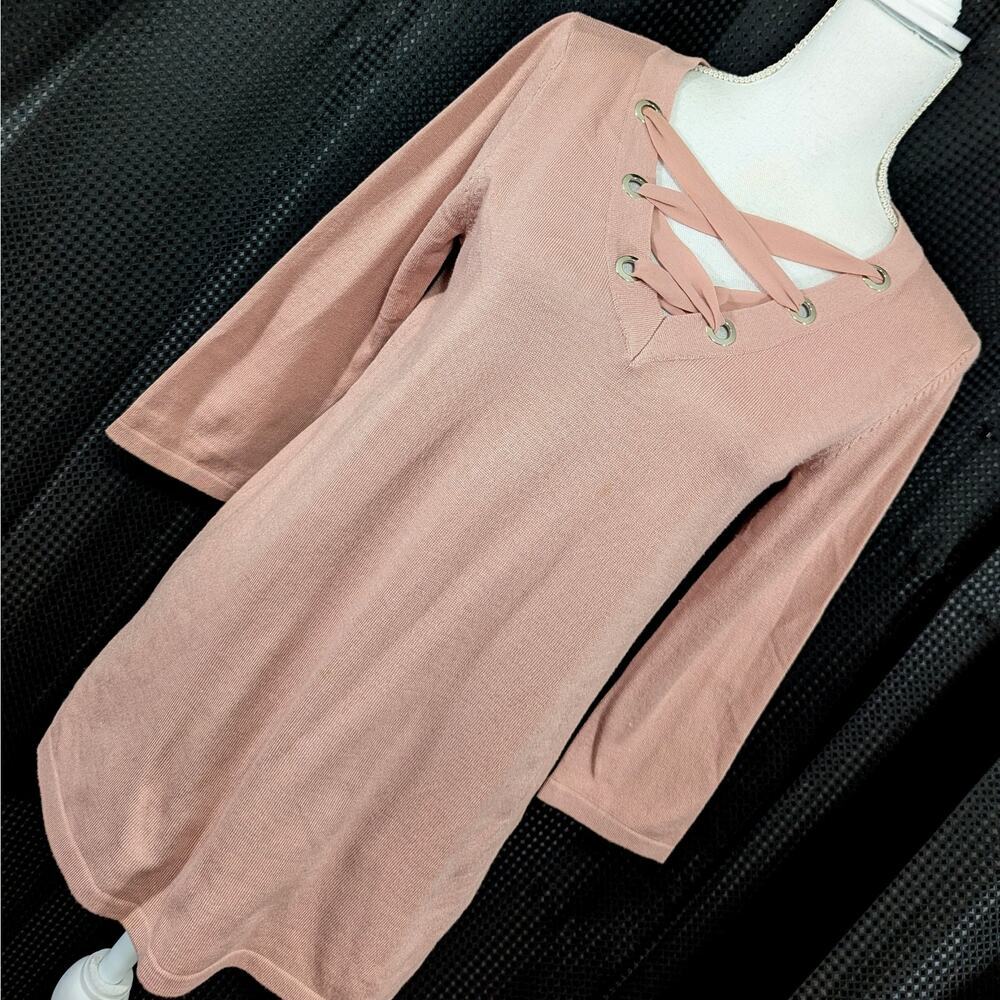 CABLE & GAUGE! DUSTY ROSE PINK KNIT 3/4 SLEEVE CRISS-CROSS FRONT TOP SHIRT! SZ M